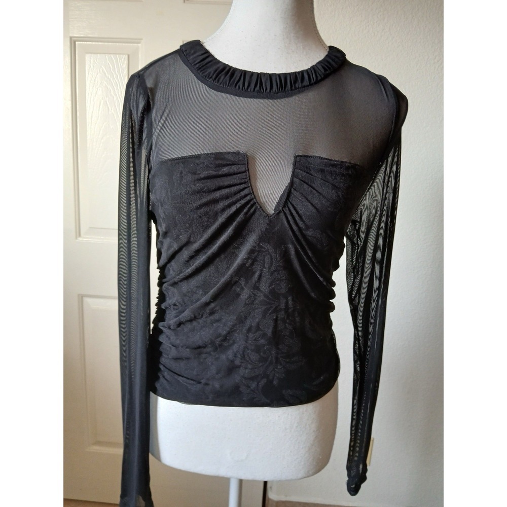 Paper Moonโ Black Mesh Sheer Top Ruched Velvet Detail Y2K Goth Clubwear Size L - Picture 2 of 16